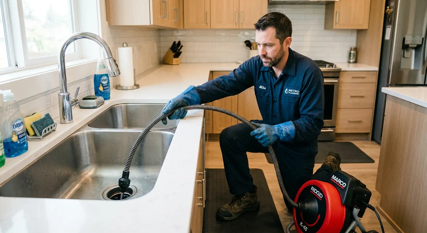 Drain cleaning technician using a motorized snake on a kitchen sink in Charles Town