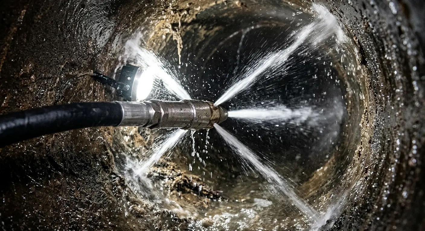 High-pressure hydro jetting nozzle cleaning sewer pipe for Sewer Cleanout in Charles Town