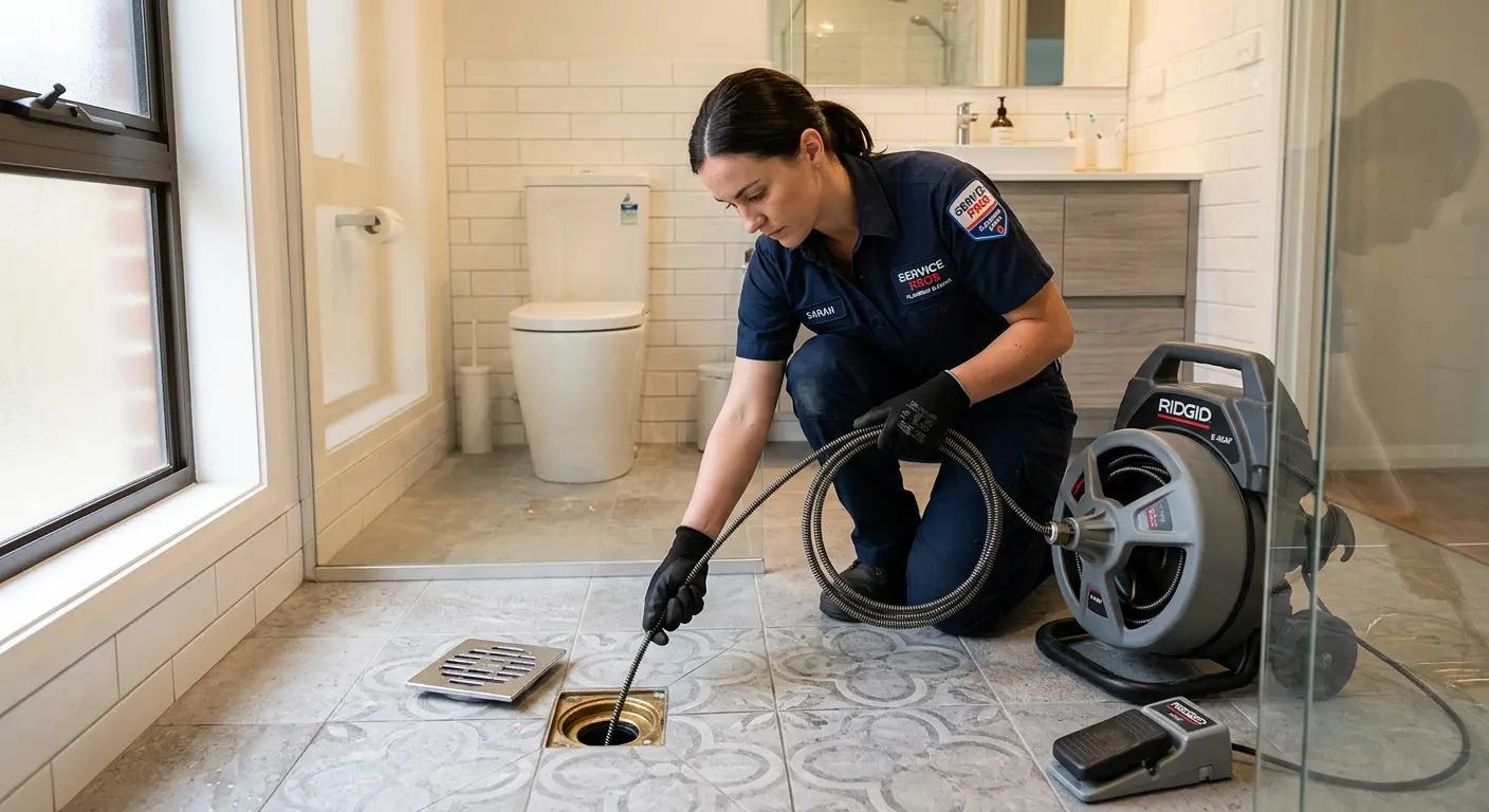 Technician clearing a bathroom floor drain for Drain Repair in Charles Town